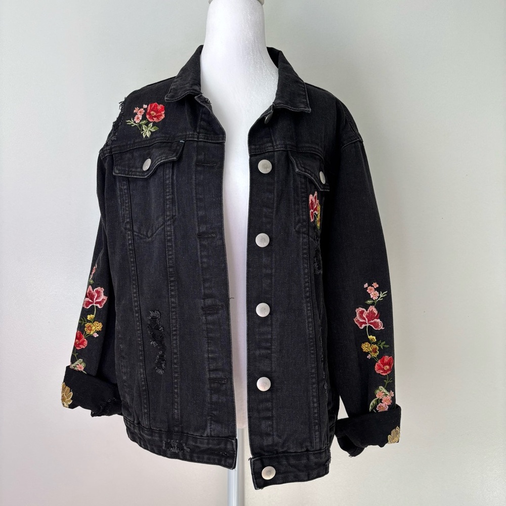 Cotton On Black Denim Jacket with Floral Embroidery